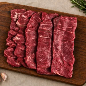 Bistec para milanesa de Ganado Verde, vista desde arriba sobre tabla de madera