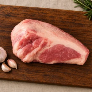 Cachete de cerdo de Ganado Verde, vista desde arriba sobre tabla de madera