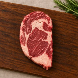 Ribeye de Ganado Verde, vista desde arriba sobre tabla de madera